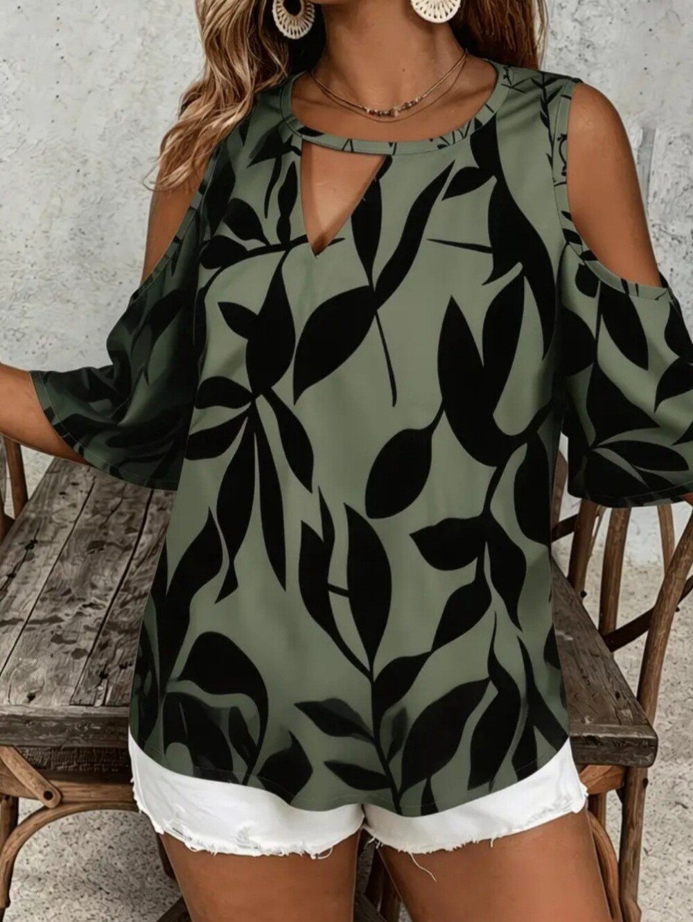 Sage Green Cold-Shoulder Leaf Print Blouse